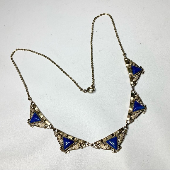 Art Deco Rolled Gold Collar Necklace w/Peking Glass Stones - Picture 3 of 7